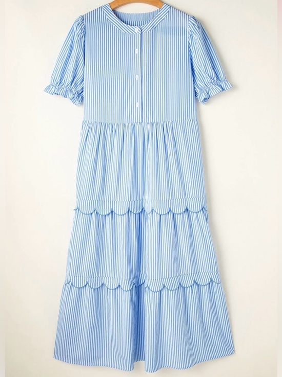 Charming Charlie Dresses & Skirts - Stripe Bubble Short Sleeve Tiered Scallop Midi Dress|L|10|12
